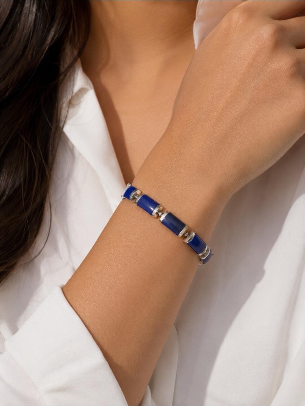 CHASKA STERLING SILVER AND LAPIS LAZULI HINGE BRACELET